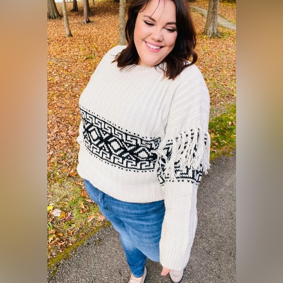 Ready For Anything Taupe & Black Tassel Aztec Sweater - Picture 7 of 16